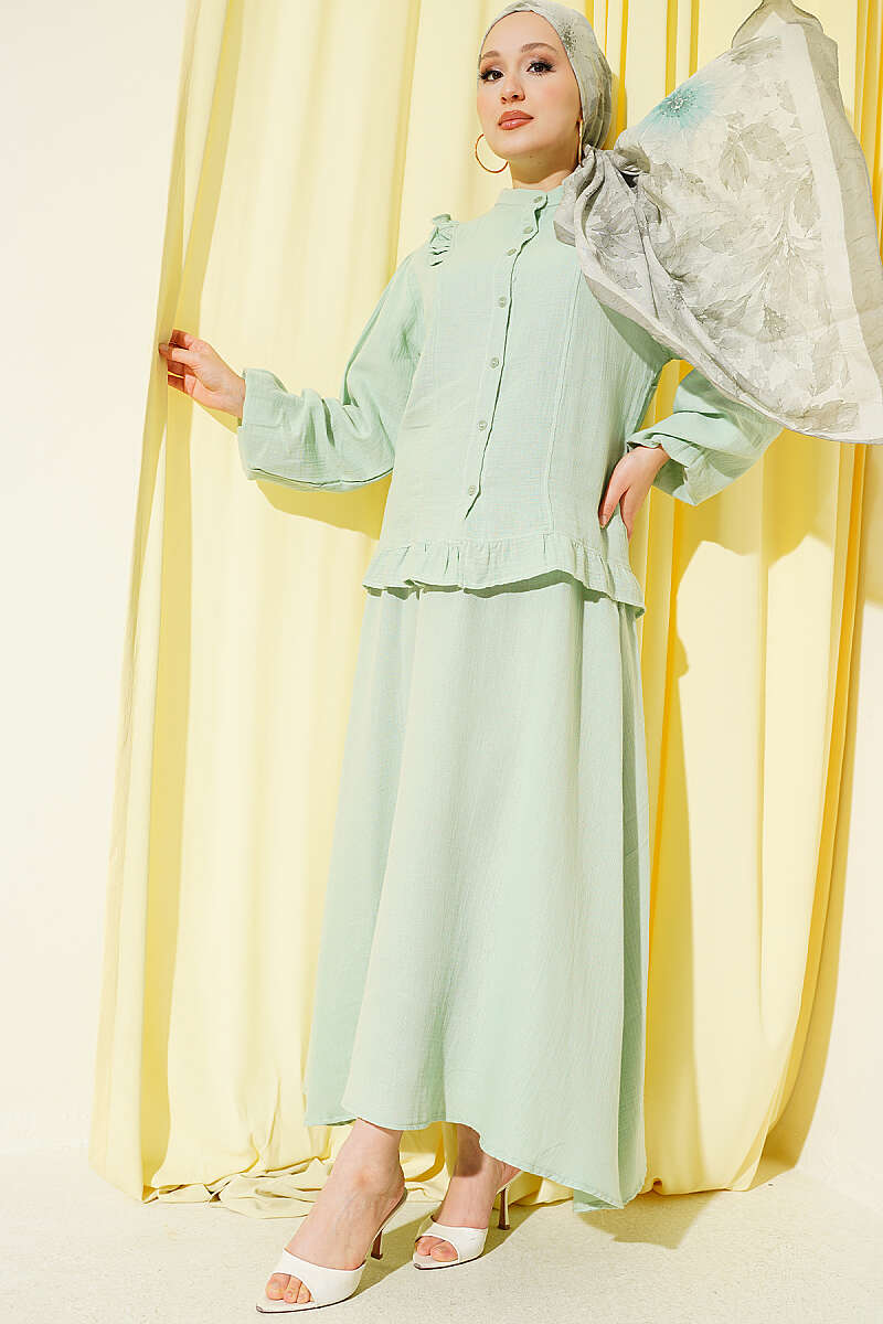 Muslin Two-Piece Skirt Set with Ruffled Shoulders - Aqua Green