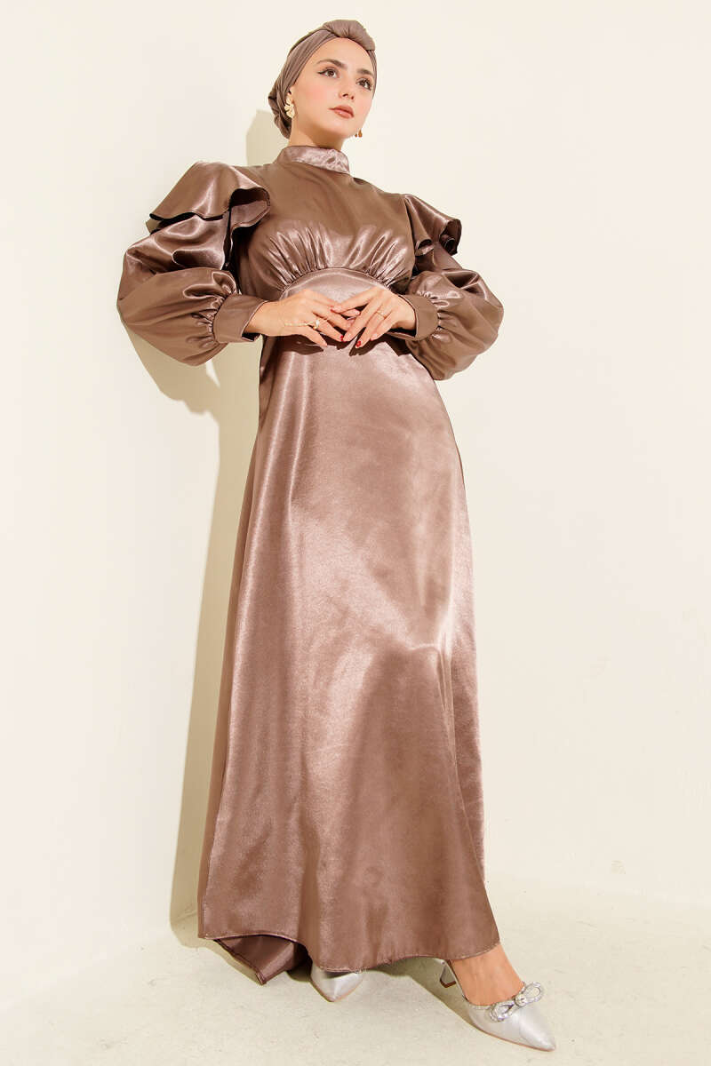 Satin Evening Dress with Ruffled Shoulders - Light Brown
