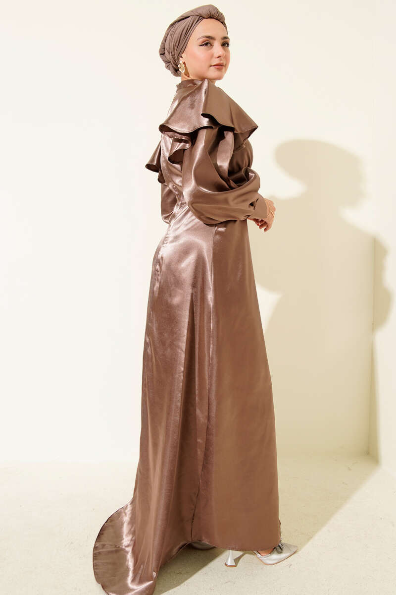 Satin Evening Dress with Ruffled Shoulders - Light Brown
