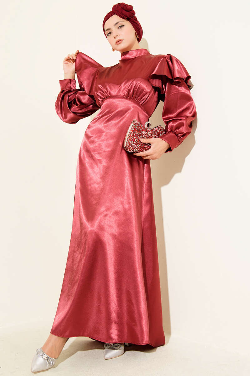 Satin Evening Dress with Ruffled Shoulders - Burgundy