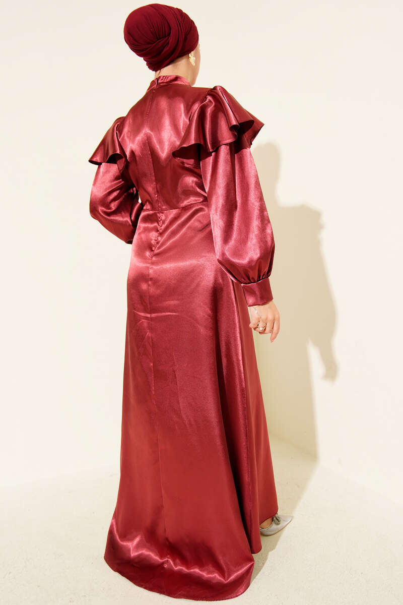 Satin Evening Dress with Ruffled Shoulders - Burgundy