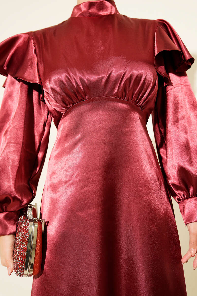 Satin Evening Dress with Ruffled Shoulders - Burgundy