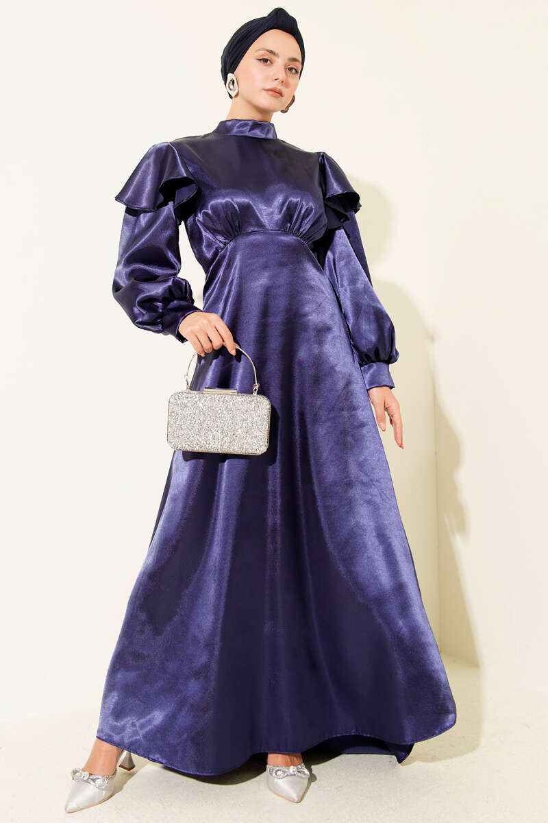 Satin Evening Dress with Ruffled Shoulders - Navy
