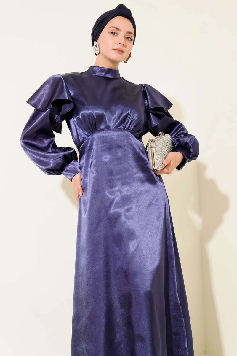 Satin Evening Dress with Ruffled Shoulders - Navy