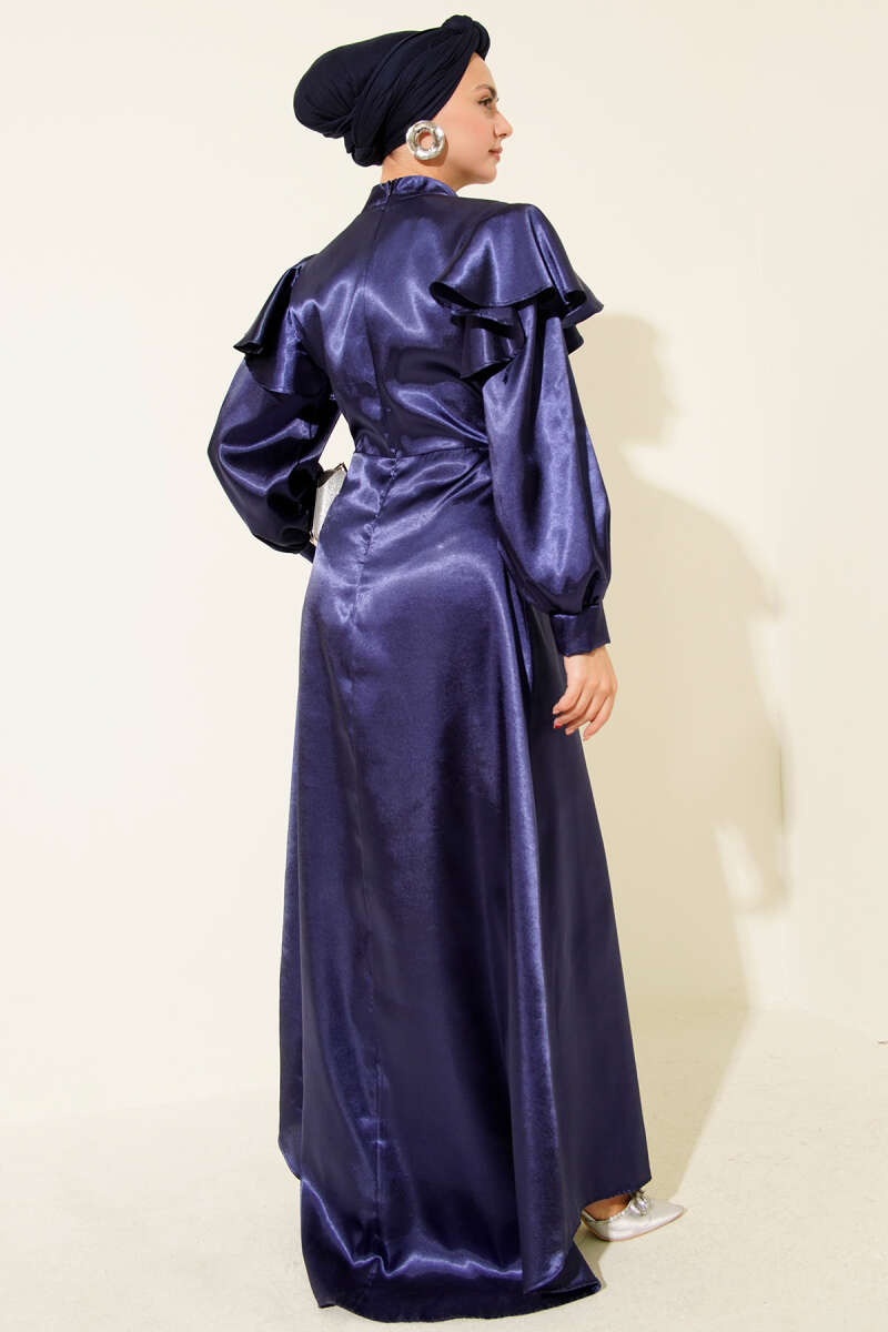 Satin Evening Dress with Ruffled Shoulders - Navy