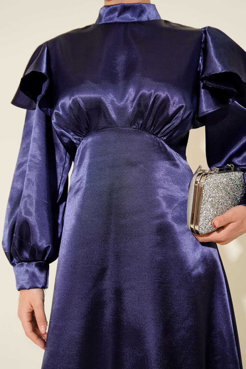 Satin Evening Dress with Ruffled Shoulders - Navy