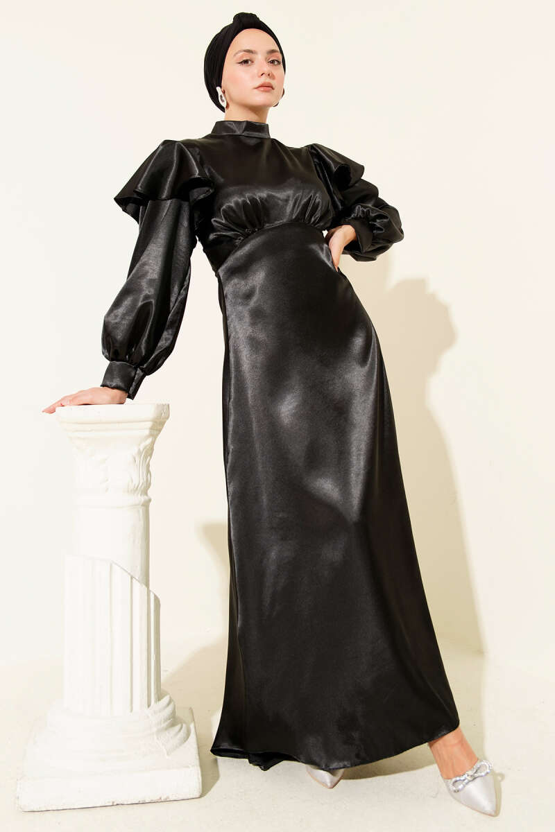Satin Evening Dress with Ruffled Shoulders - Black