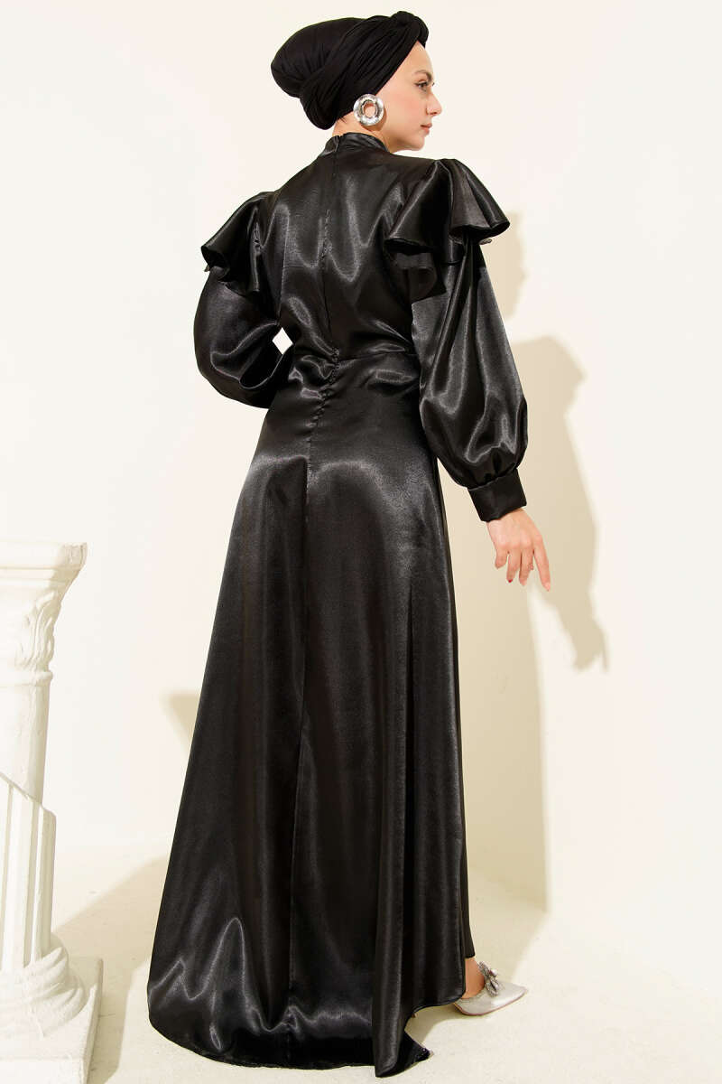 Satin Evening Dress with Ruffled Shoulders - Black