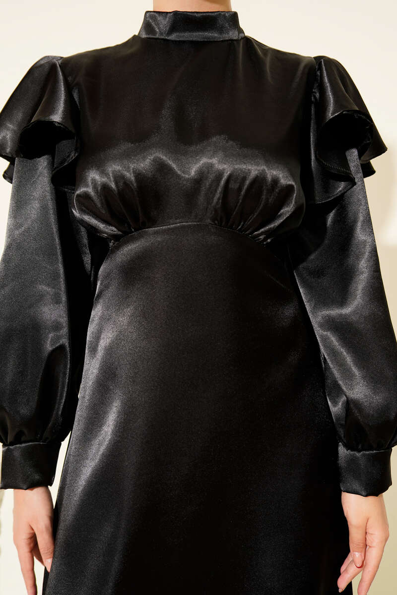 Satin Evening Dress with Ruffled Shoulders - Black