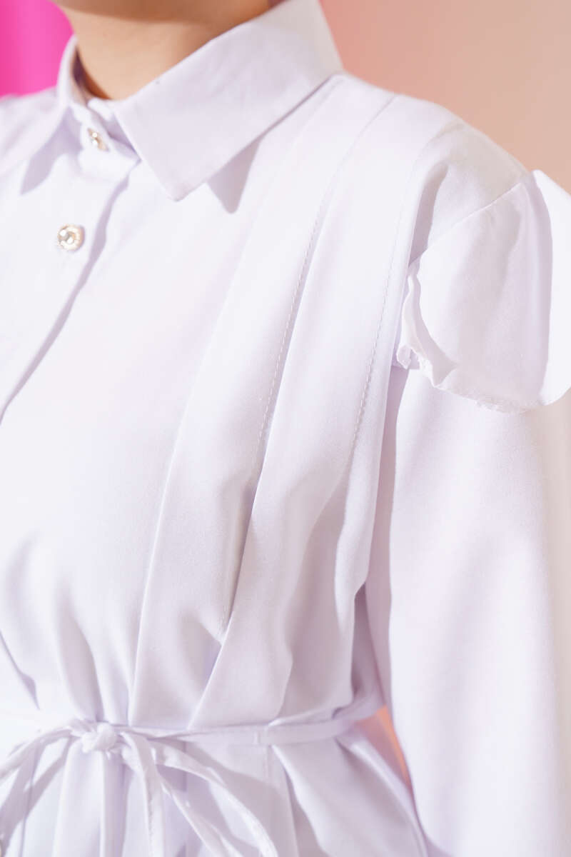Belted Shirt with Ruffled Shoulders and Stripe Trim - White