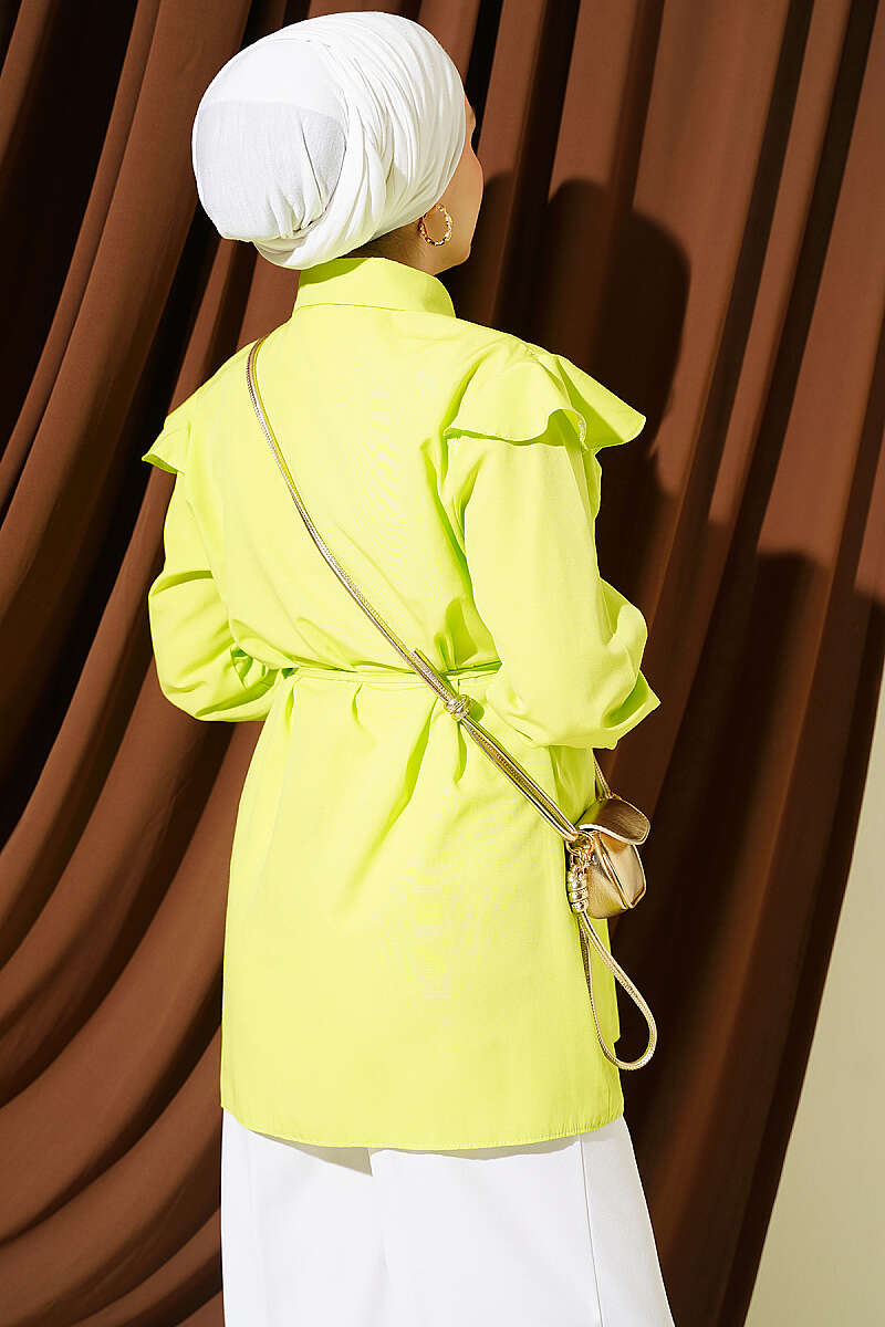 Belted Shirt with Ruffled Shoulders and Stripe Trim - Pistachio