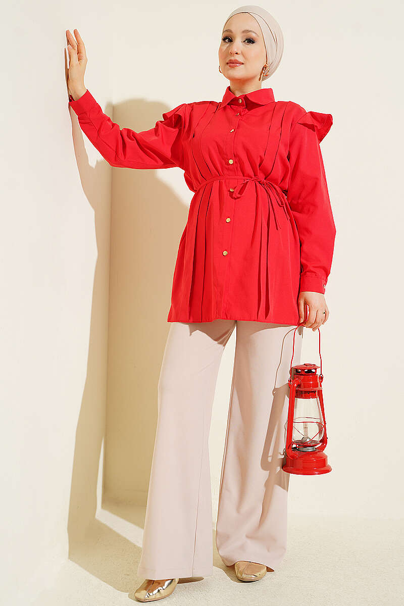 Belted Shirt with Ruffled Shoulders and Stripe Trim - Red