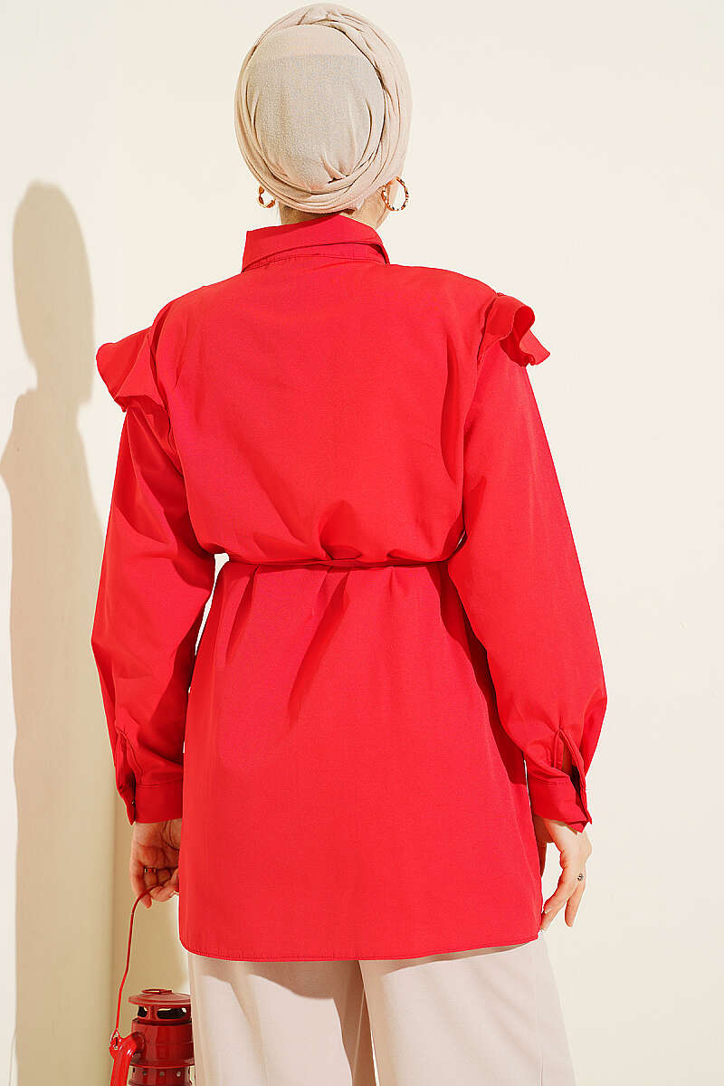 Belted Shirt with Ruffled Shoulders and Stripe Trim - Red