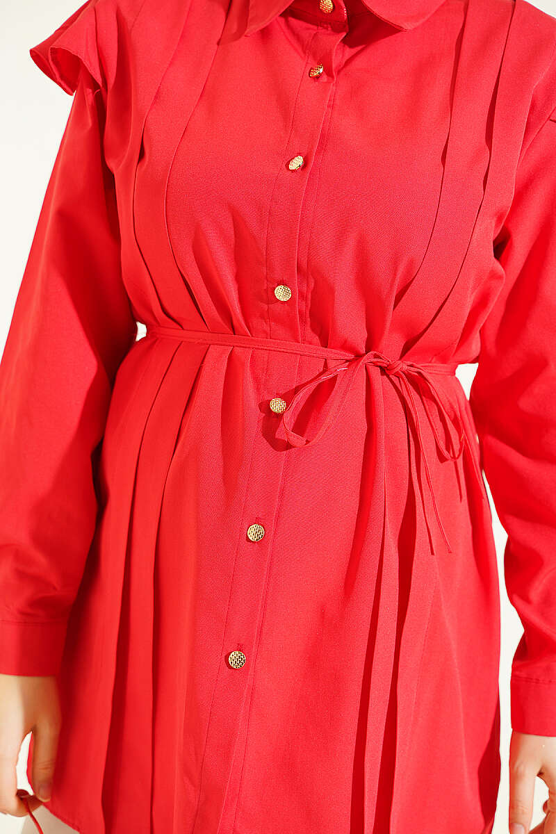 Belted Shirt with Ruffled Shoulders and Stripe Trim - Red