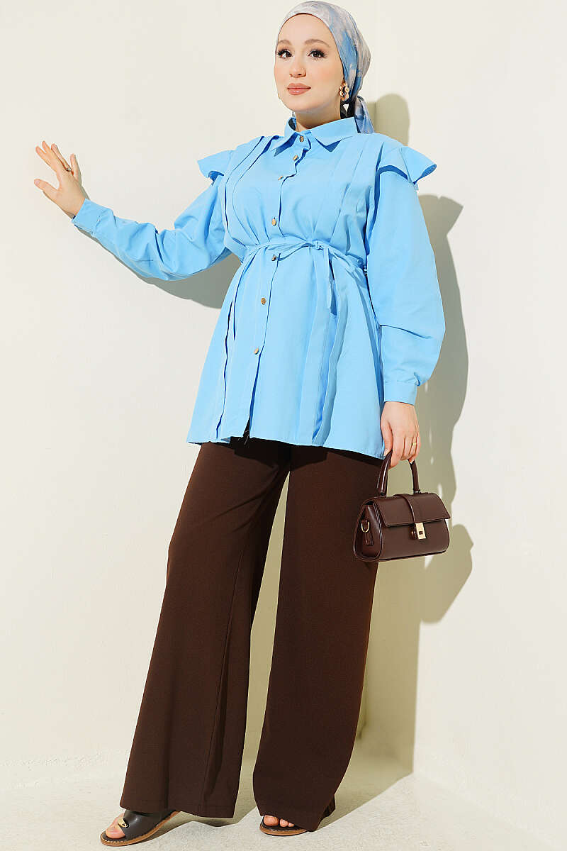 Belted Shirt with Ruffled Shoulders and Stripe Trim - Blue