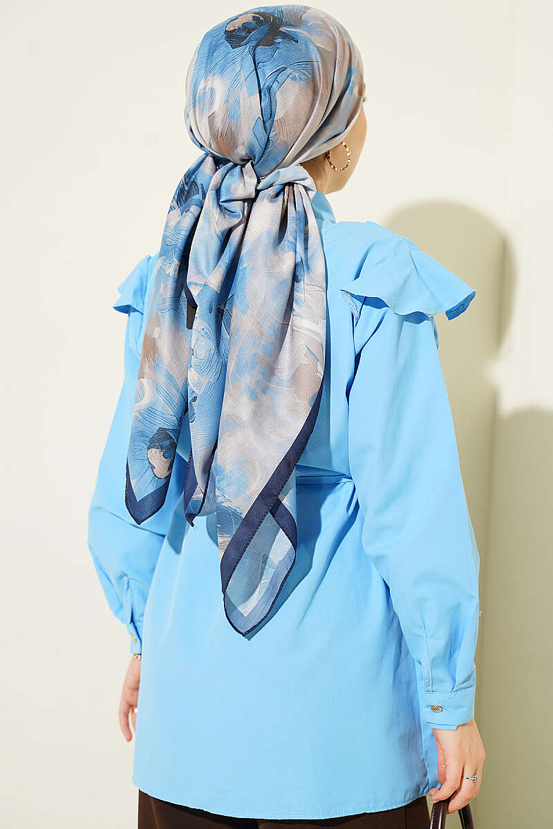 Belted Shirt with Ruffled Shoulders and Stripe Trim - Blue