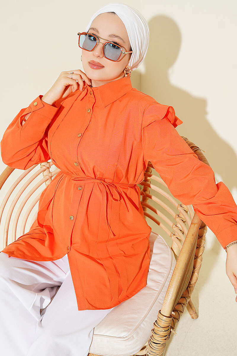 Belted Shirt with Ruffled Shoulders and Stripe Trim - Orange