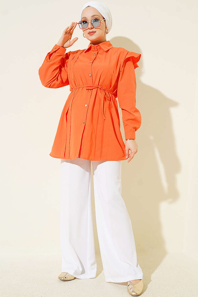 Belted Shirt with Ruffled Shoulders and Stripe Trim - Orange