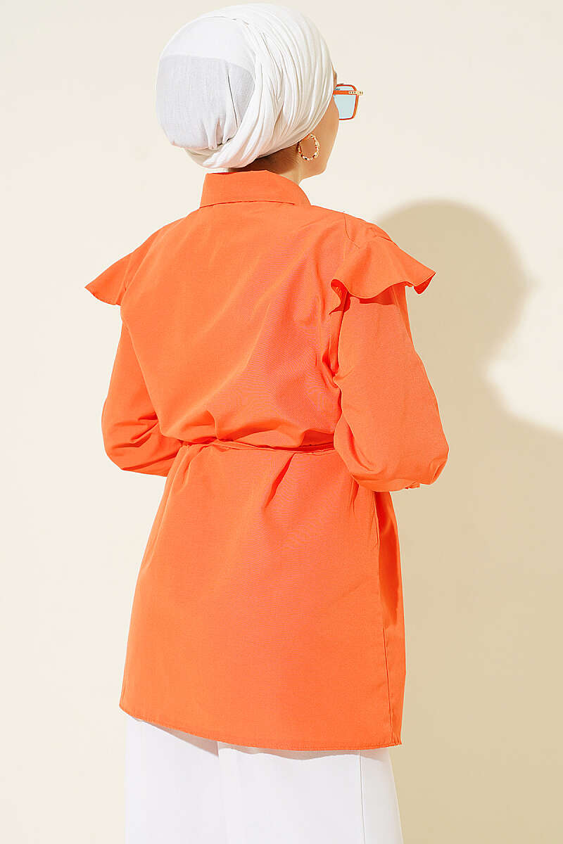 Belted Shirt with Ruffled Shoulders and Stripe Trim - Orange