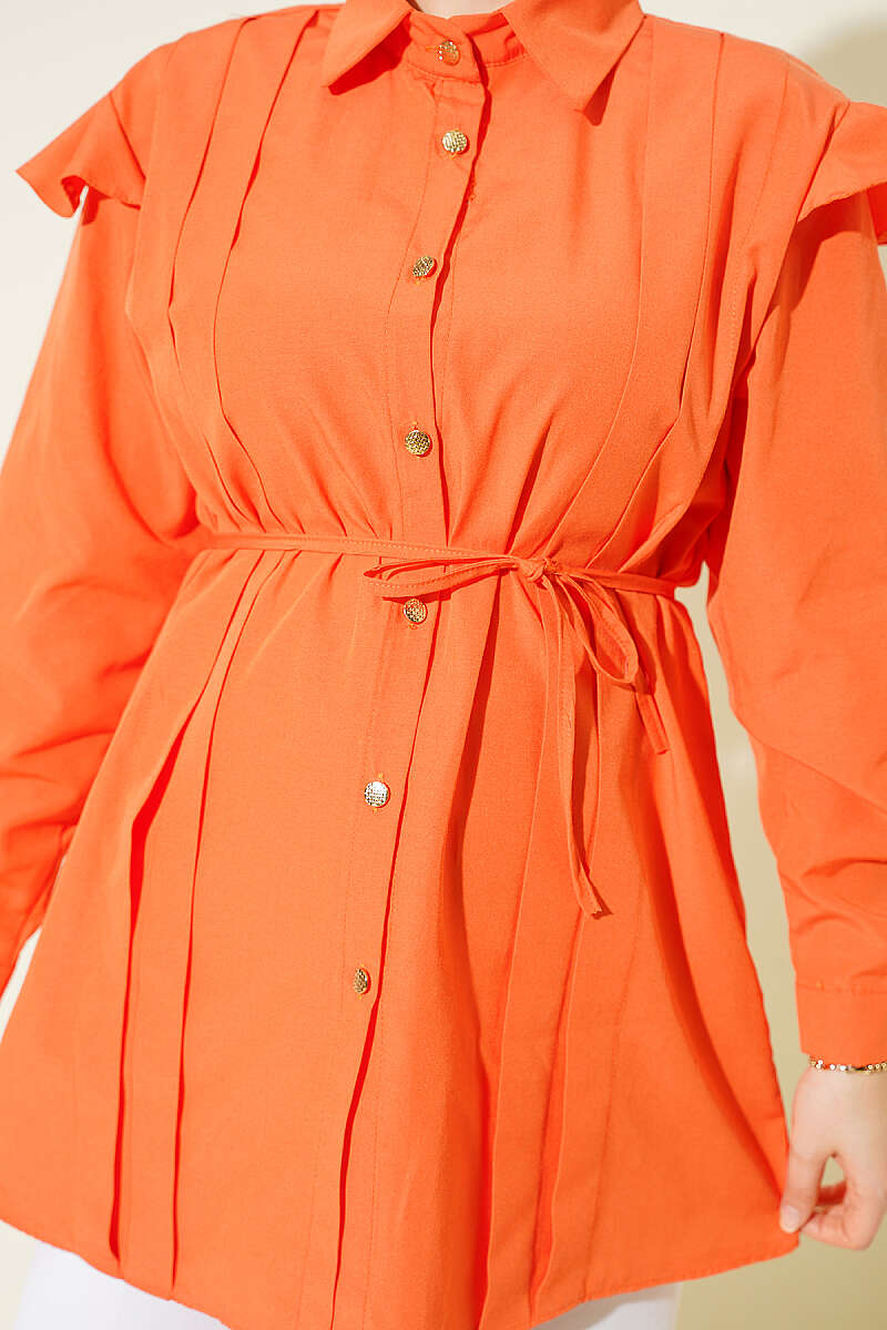 Belted Shirt with Ruffled Shoulders and Stripe Trim - Orange