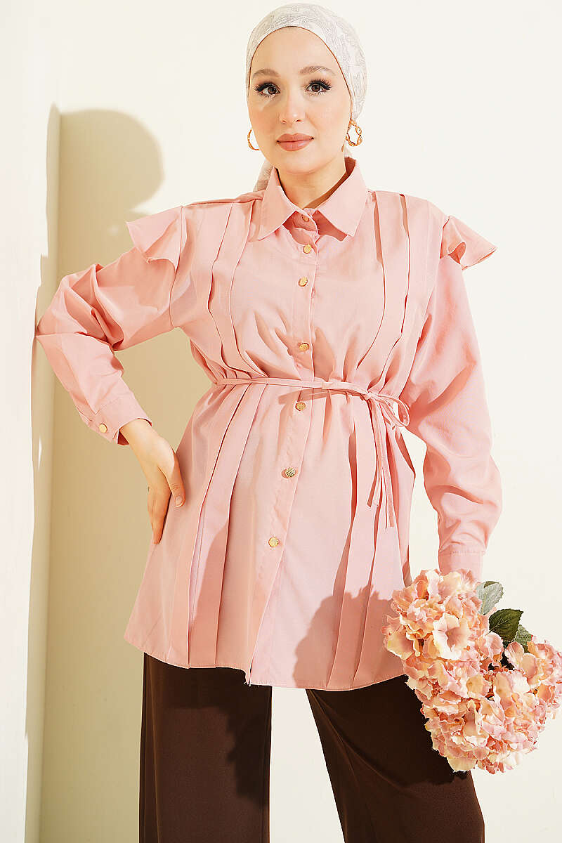 Belted Shirt with Ruffled Shoulders and Stripe Trim - Powder