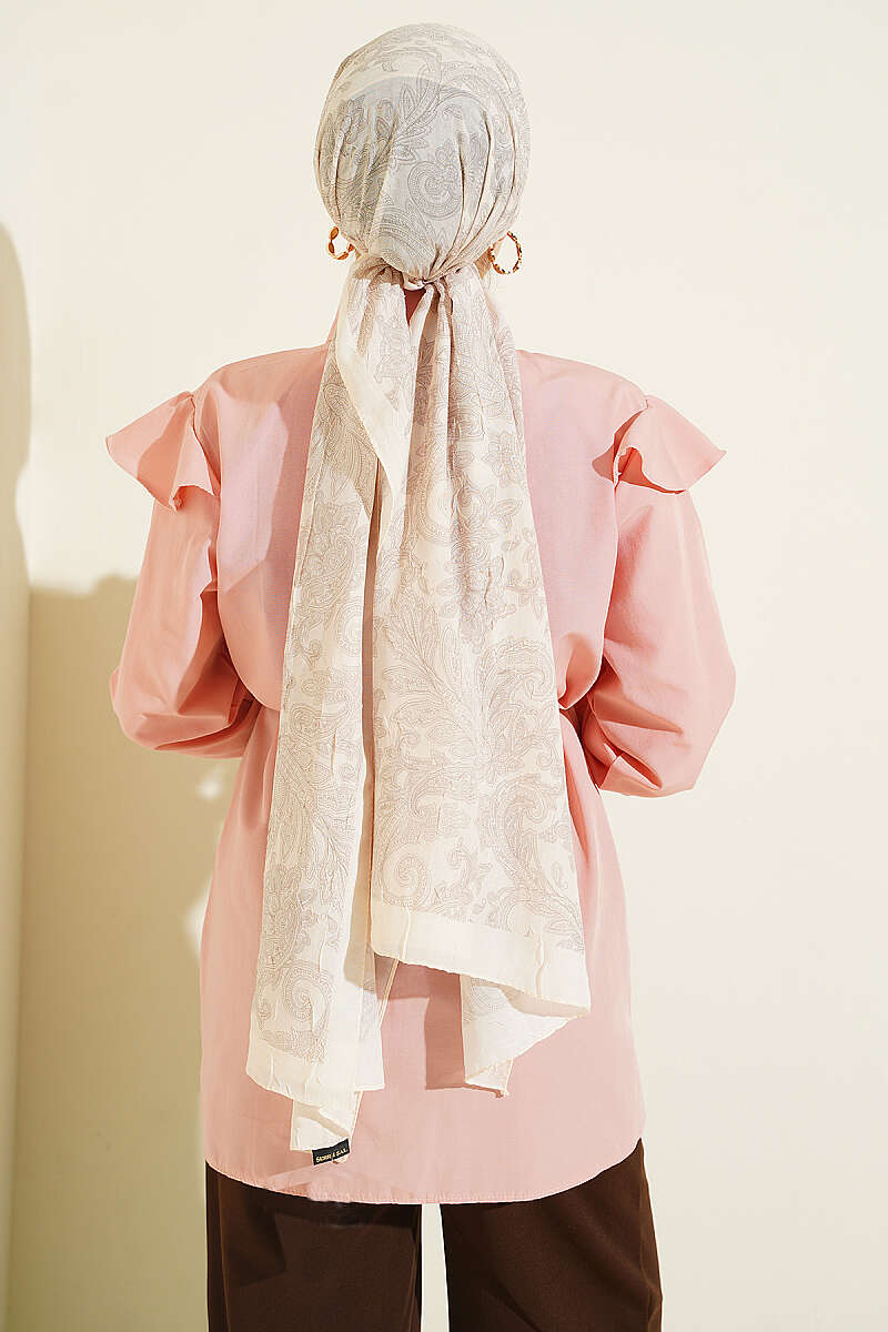 Belted Shirt with Ruffled Shoulders and Stripe Trim - Powder
