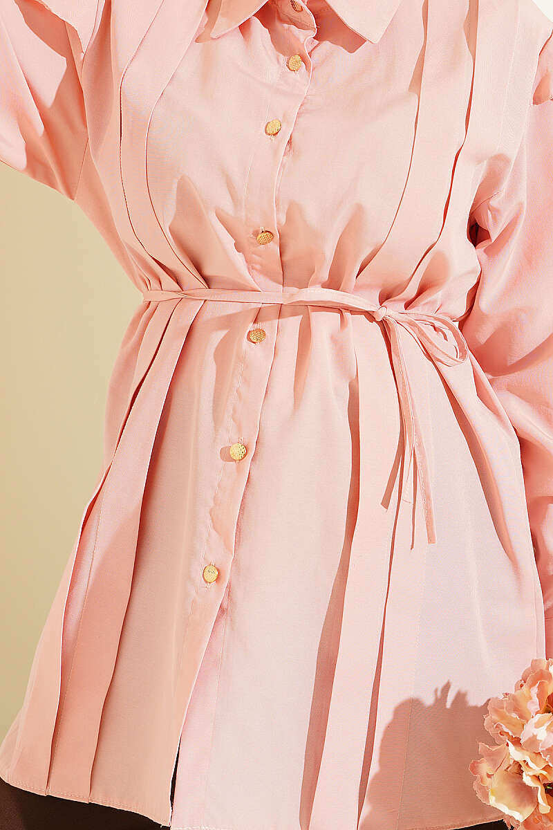 Belted Shirt with Ruffled Shoulders and Stripe Trim - Powder