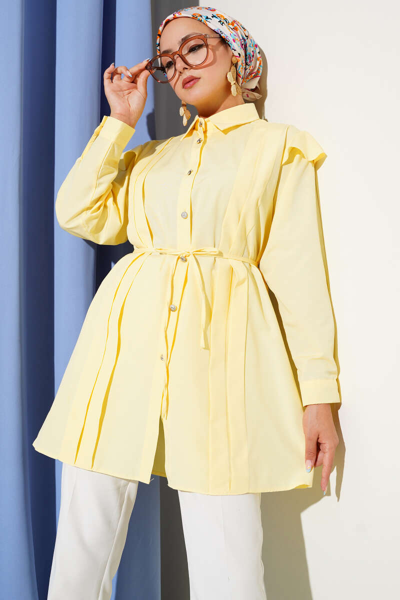 Belted Shirt with Ruffled Shoulders and Stripe Trim - Yellow