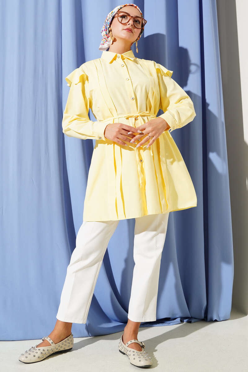 Belted Shirt with Ruffled Shoulders and Stripe Trim - Yellow