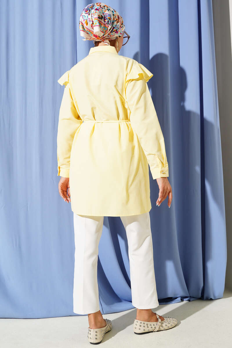 Belted Shirt with Ruffled Shoulders and Stripe Trim - Yellow
