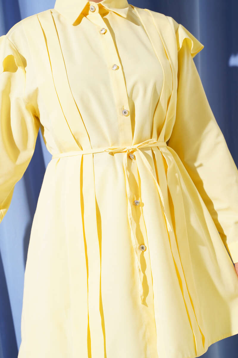 Belted Shirt with Ruffled Shoulders and Stripe Trim - Yellow
