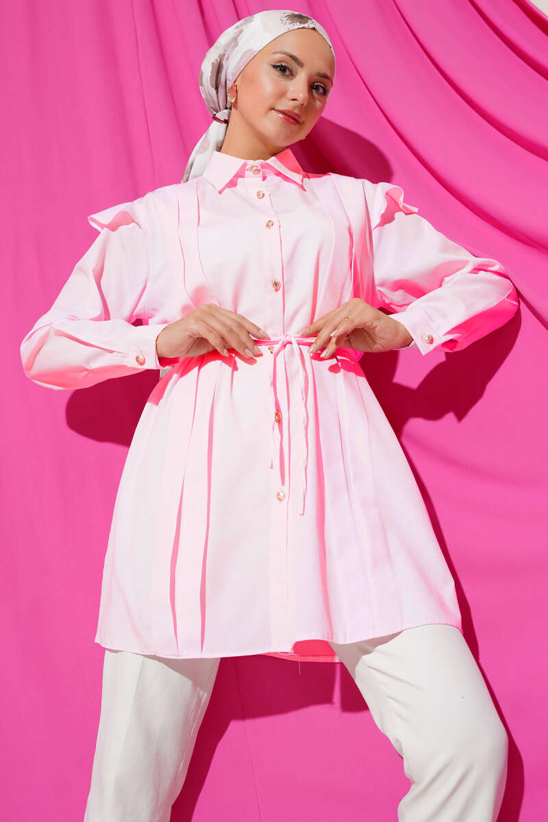 Belted Shirt with Ruffled Shoulders and Stripe Trim - Powder 2