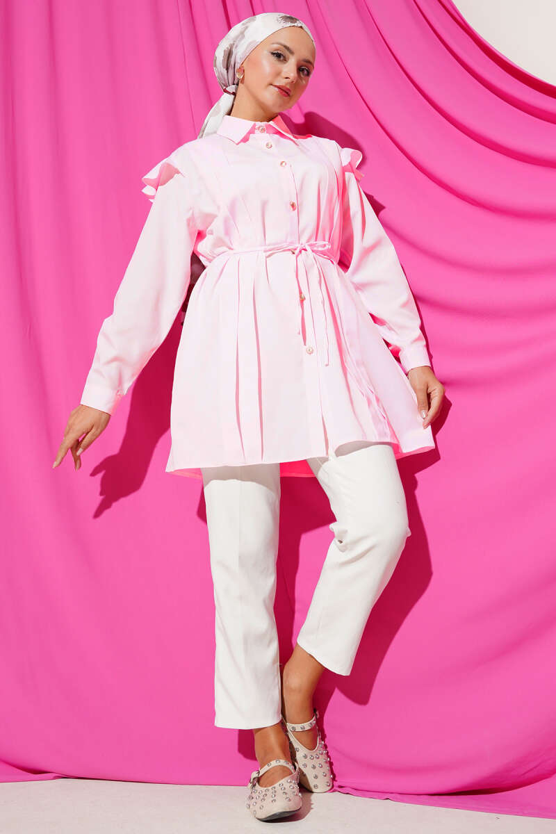 Belted Shirt with Ruffled Shoulders and Stripe Trim - Powder 2