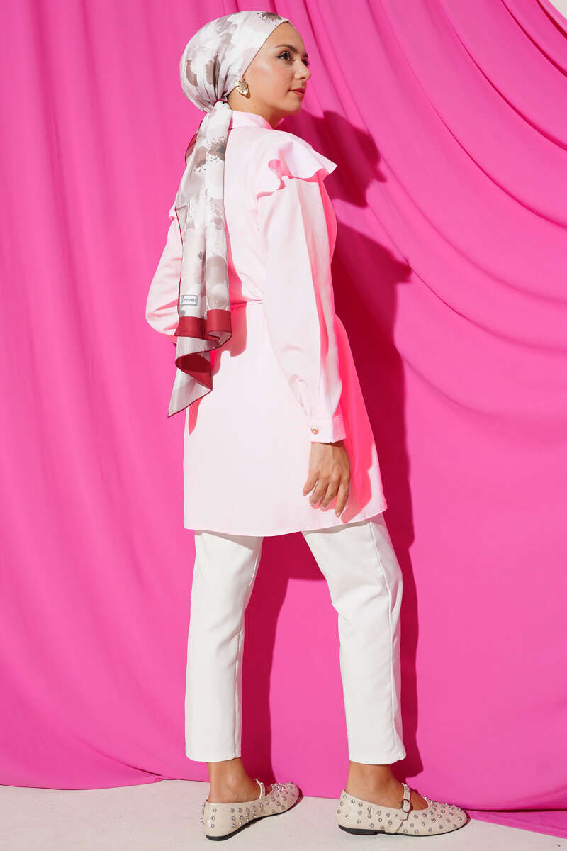 Belted Shirt with Ruffled Shoulders and Stripe Trim - Powder 2