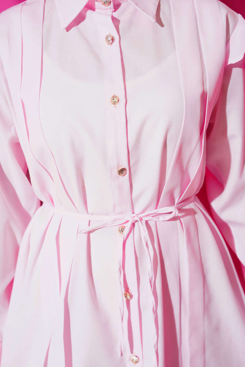 Belted Shirt with Ruffled Shoulders and Stripe Trim - Powder 2