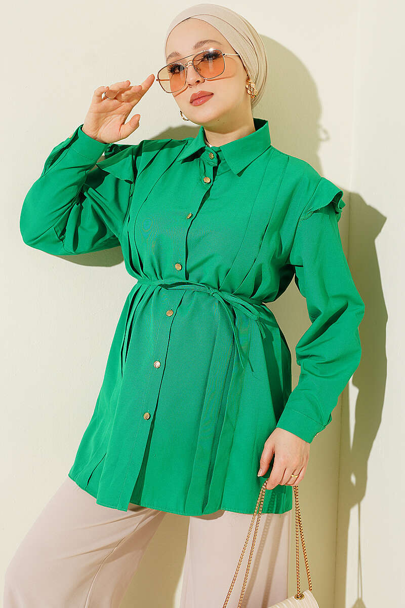 Belted Shirt with Ruffled Shoulders and Stripe Trim - Green