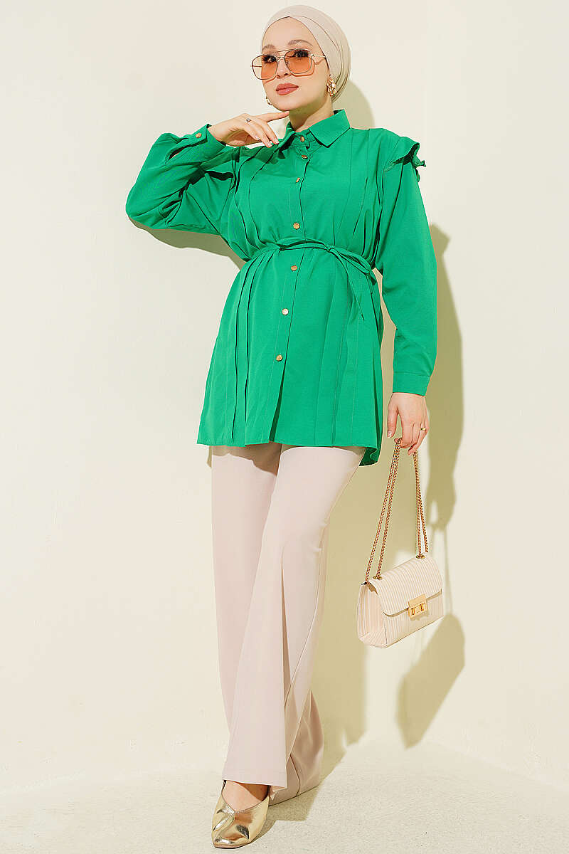 Belted Shirt with Ruffled Shoulders and Stripe Trim - Green