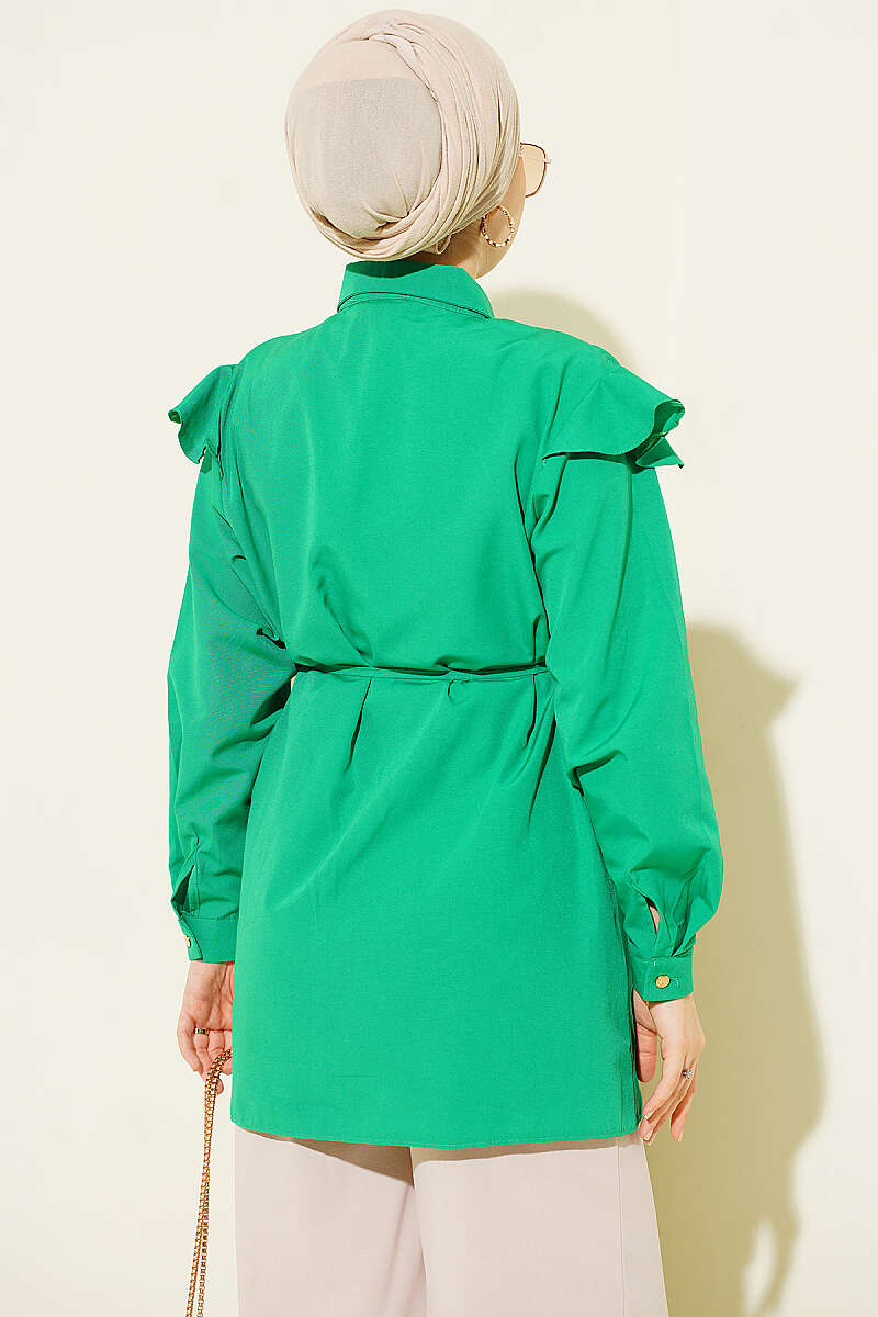 Belted Shirt with Ruffled Shoulders and Stripe Trim - Green