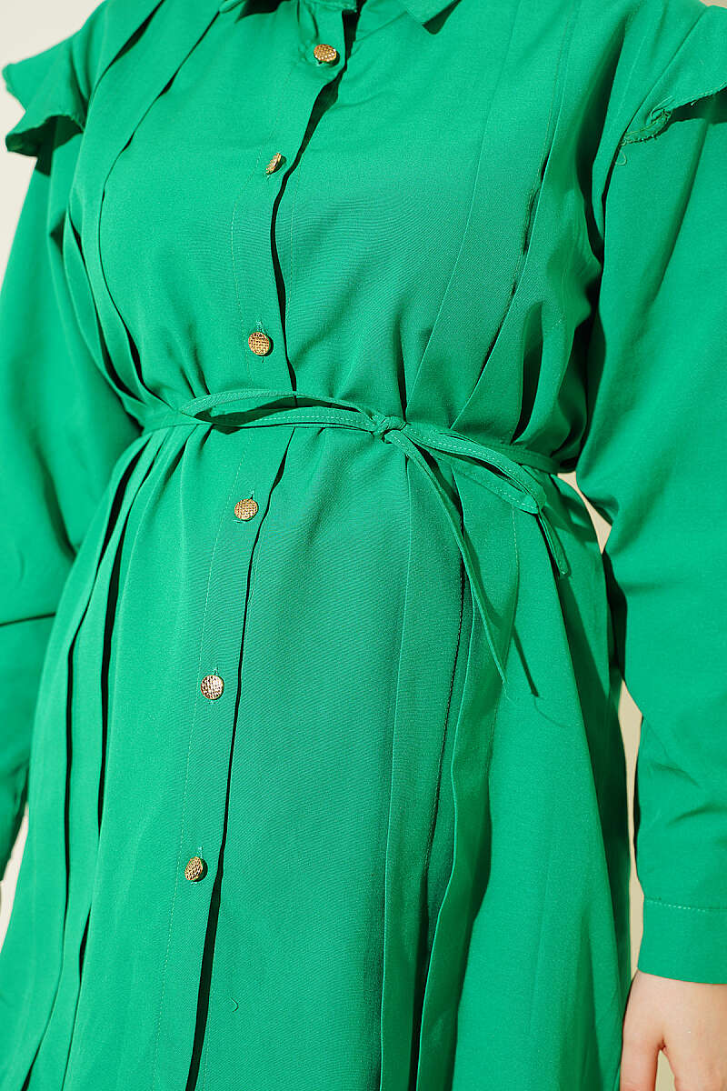 Belted Shirt with Ruffled Shoulders and Stripe Trim - Green