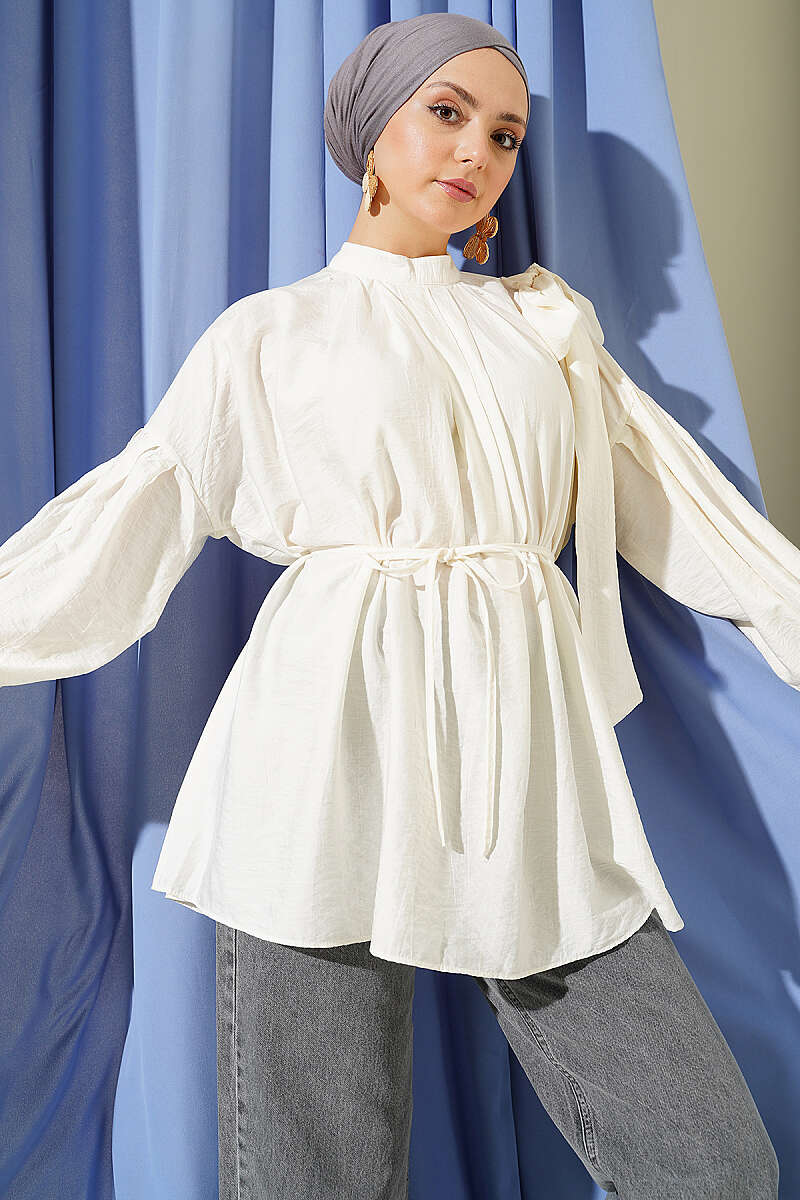 Loose Tunic with Shoulder Bows - Ecru