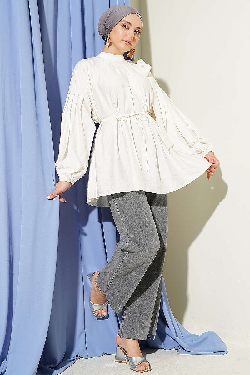 Loose Tunic with Shoulder Bows - Ecru