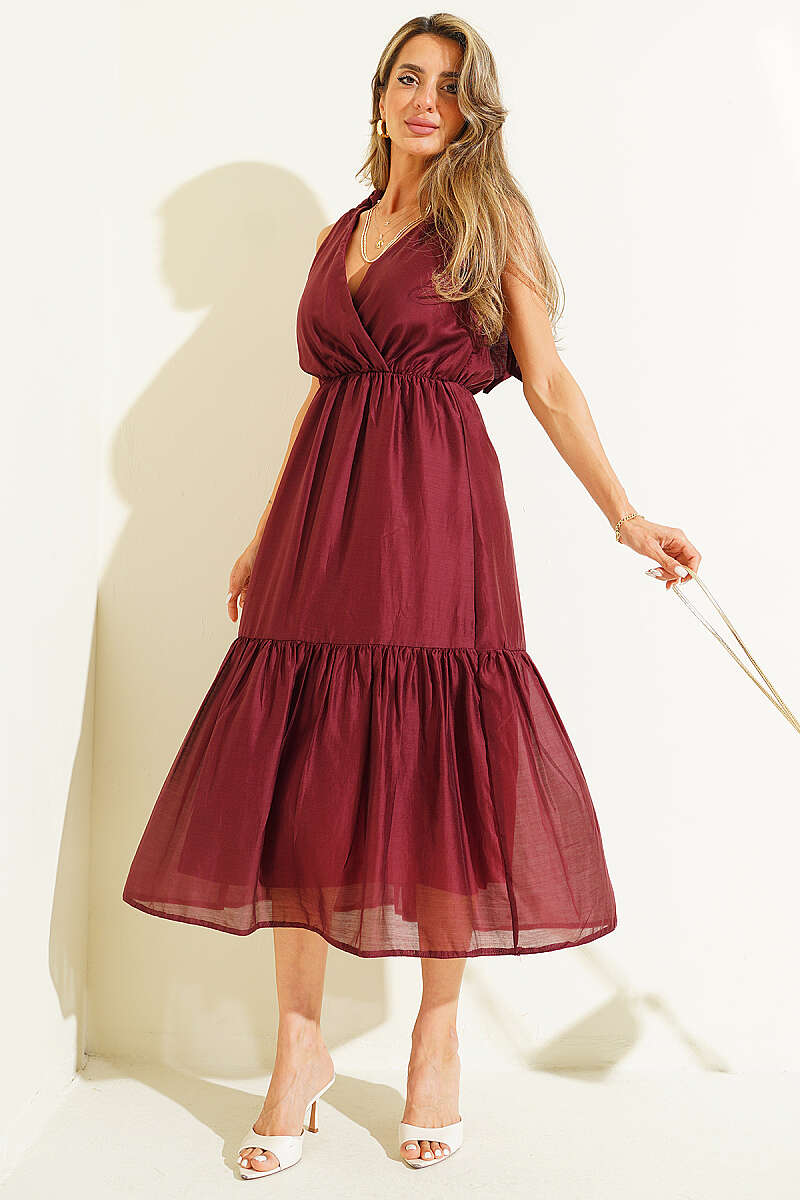 V-Neck Midi Dress with Shoulder Bows - Burgundy