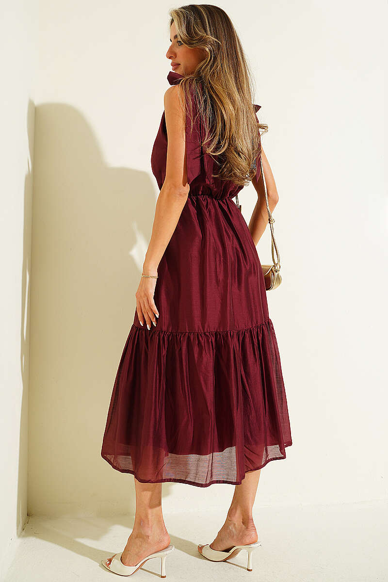 V-Neck Midi Dress with Shoulder Bows - Burgundy