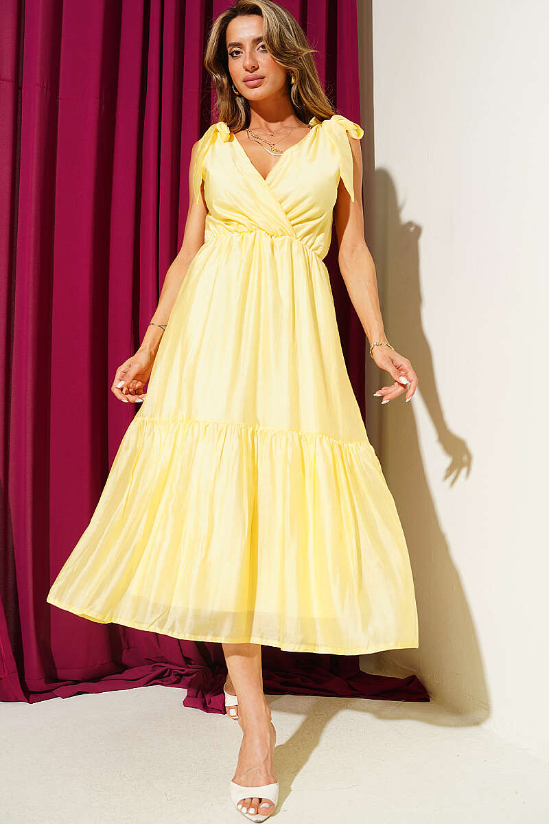 V-Neck Midi Dress with Shoulder Bows - Yellow