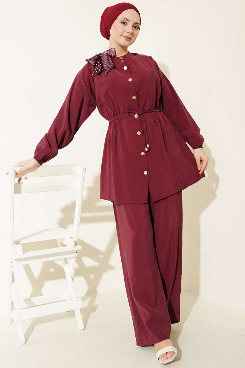 Modal Two-Piece Set with Shoulder Scarf and Elastic Waist - Burgundy