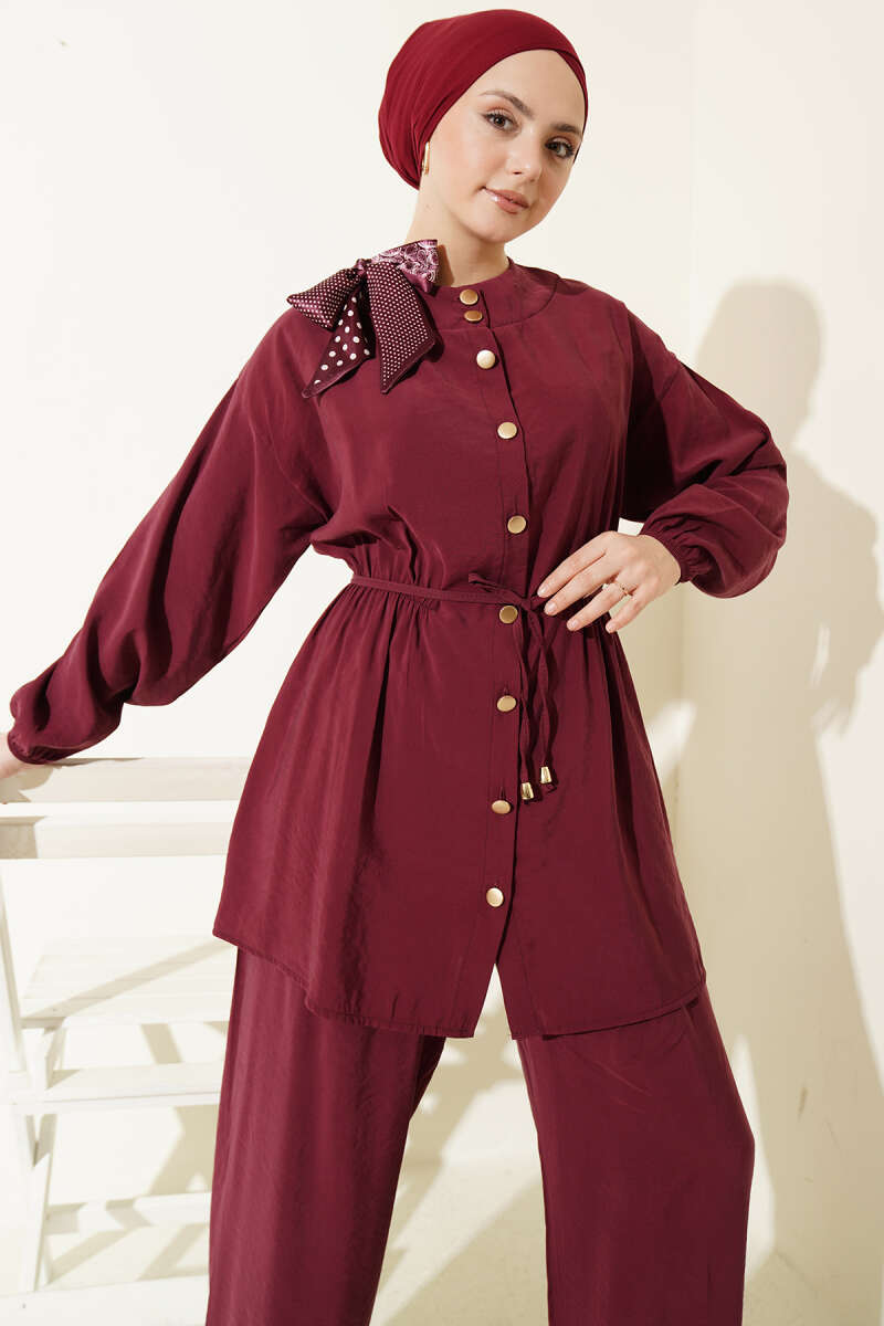 Modal Two-Piece Set with Shoulder Scarf and Elastic Waist - Burgundy