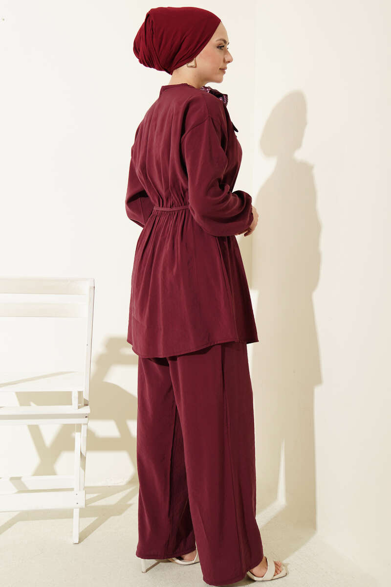 Modal Two-Piece Set with Shoulder Scarf and Elastic Waist - Burgundy