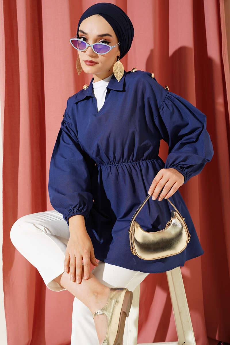 Tunic with Gold Shoulder Buttons - Navy