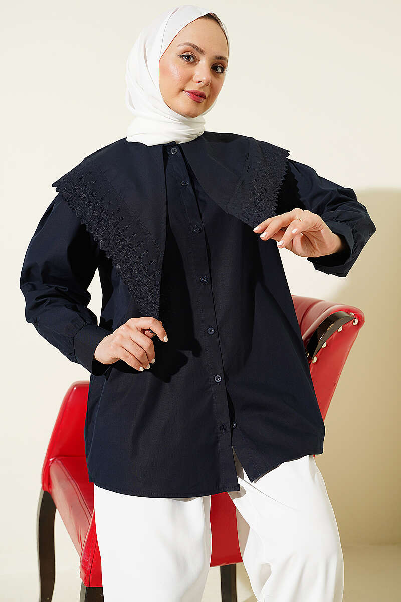 Sailor-Collar Shirt with Guipure Shoulders - Navy