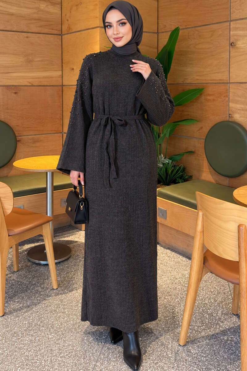 Knit Dress with Pearl Shoulder Detail - Smoke Grey